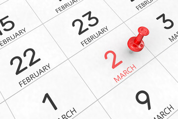 3d rendering of important days concept. March 2nd. Day 2 of month. Red date written and pinned on a calendar. Spring month, day of the year. Remind you an important event or possibility.