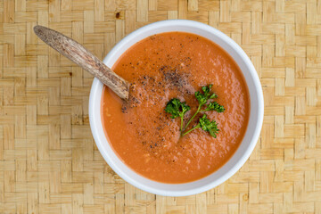 Overview of home made tomato soup.