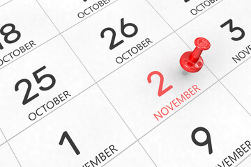 3d rendering of important days concept. November 2nd. Day 2 of month. Red date written and pinned on a calendar. Autumn month, day of the year. Remind you an important event or possibility.