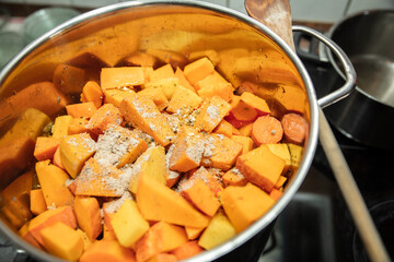 Preparation for a delicious pumpkin soup, vegan food and nutrition