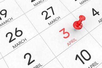 3d rendering of important days concept. April 3rd. Day 3 of month. Red date written and pinned on a calendar. Spring month, day of the year. Remind you an important event or possibility.