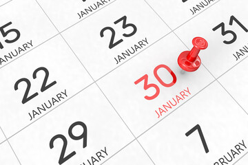 3d rendering of important days concept. January 30th. Day 30 of month. Red date written and pinned on a calendar. Winter month, day of the year. Remind you an important event or possibility.