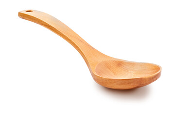Beautiful empty wooden spoon handmade (artisan) Isolated on white background. Rustic and homemade look.