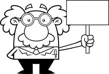 Outlined Funny Science Professor Cartoon Character Holding A Blank Sign. Vector Hand Drawn Illustration Isolated On Transparent Background