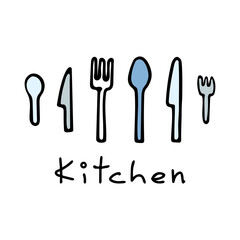 Vector illustration of cutlery in doodle style. Forks, knives and spoons. Lettering Kitchen. Icons can be used to designate a kitchen location, kitchen decor, print, textiles.