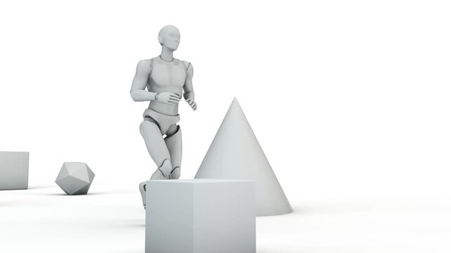 Loop 3d character animation. The robot runs past geometric shapes.