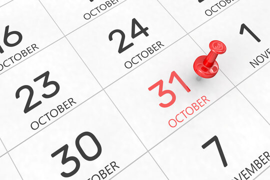 3d rendering of important days concept. October 31st. Day 31 of month. Red date written and pinned on a calendar. Autumn month, day of the year. Remind you an important event or possibility.
