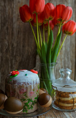 easter still life with tulips and eggs
