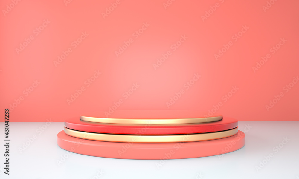Poster 3d rendering studio with geometric shapes, podium on the floor. platforms for product presentation, 