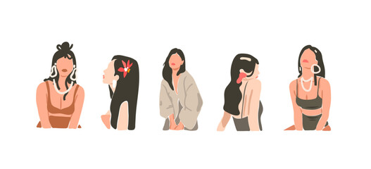 Hand drawn vector abstract stock flat graphic contemporary aesthetic fashion illustrations collection set with bohemian,beautiful modern collage female in minimal style isolated on white background