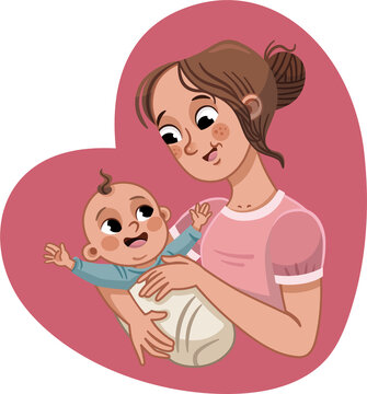 Mother carrying baby, Mother’s day, Motherhood. Vector illustration.