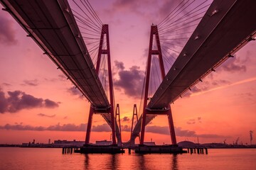 名古屋市　朝焼けの名港トリトン（名港西大橋）