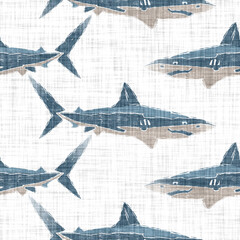 Blue rustic shark fin block print on a soft white linen texture background. Seamless bright cloth fabric for fresh coastal cottage linocut decor. Modern stylised marine summer beach shark sea life   © Nautical