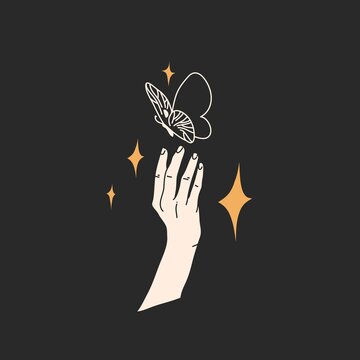 Hand drawn vector abstract stock flat graphic illustration with logo elements,magic line art of butterfly,feminine hand silhouette and stars in simple style for branding ,isolated on black background