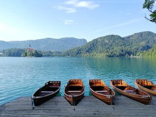 Slovenia, Lake Bled, Bled, island with church, boats