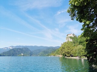 Slovenia, Bled, Lake Bled, island with church, castle