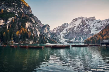 Papier peint photo Le salon The beautiful Braies lake in late autumn with a little snow, Pearl of the Dolomite lakes is an UNESCO heritage and is located in the Braies Alto Adige,Italy  © DannyIacob