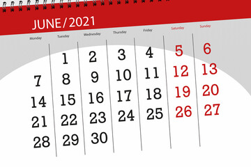 Calendar planner for the month june 2021, deadline day