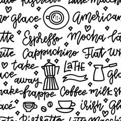 Seamless pattern with coffee beans, coffee pot and cups. Hand drawn vector doodle background. Black on white