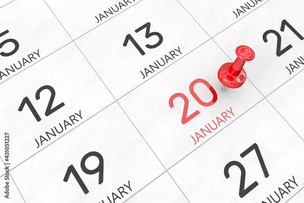 Poster 3d rendering of important days concept. january 20th. day 20 of month. red date written and pinned o