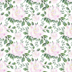Seamless floral pattern. Watercolor botanical illustration with white and pink roses and eucalyptus leaves for textile and wedding decor