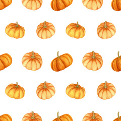 Seamless pumpkin pattern. Watercolor texture with yellow and orange pumpkins for halloween and thanksgiving day decor