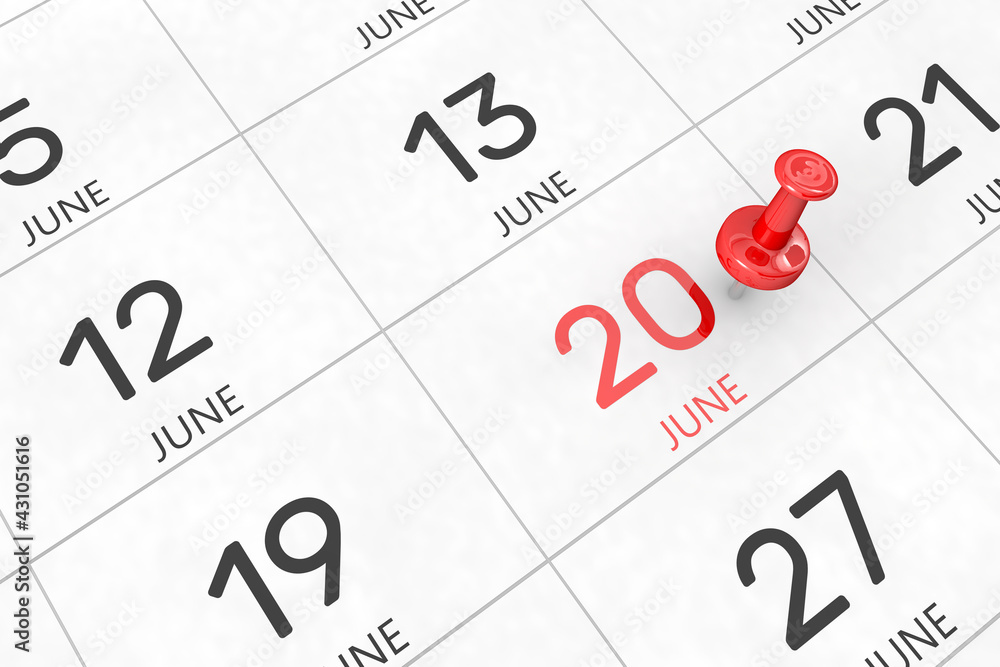 Poster 3d rendering of important days concept. june 20th. day 20 of month. red date written and pinned on a