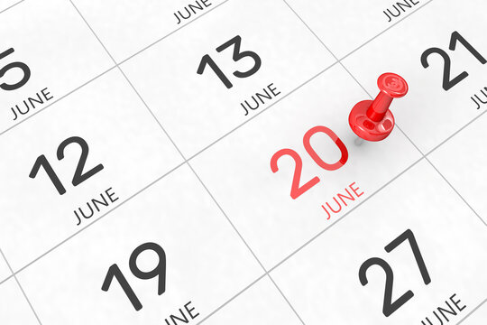 3d rendering of important days concept. June 20th. Day 20 of month. Red date written and pinned on a calendar. Summer month, day of the year. Remind you an important event or possibility.