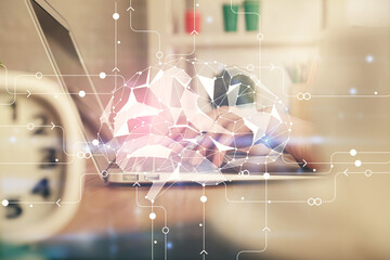 Multi exposure of woman hands working on computer and brain hologram drawing. Ai concept.