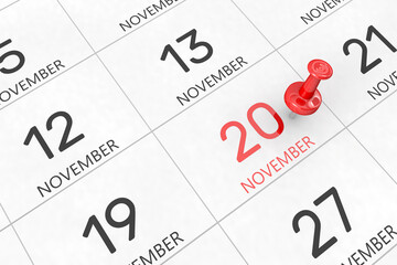 3d rendering of important days concept. November 20th. Day 20 of month. Red date written and pinned on a calendar. Autumn month, day of the year. Remind you an important event or possibility.