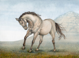watercolour-graphic image of a bay horse on the background of a mountain