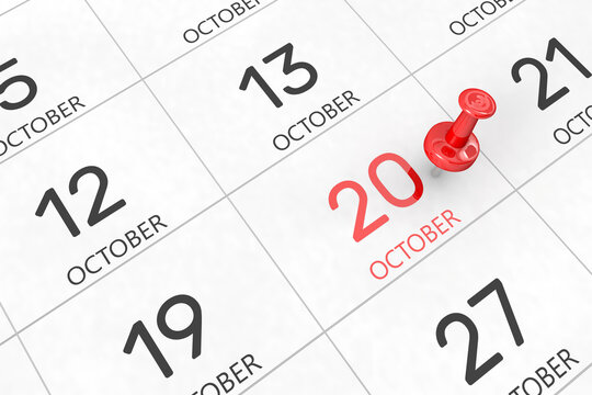 3d rendering of important days concept. October 20th. Day 20 of month. Red date written and pinned on a calendar. Autumn month, day of the year. Remind you an important event or possibility.