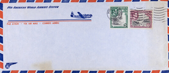 briefumschlag envelope vintage retro alt old gestempelt used frankiert cancel luftpost airmail air mail panam jamaika jamaica dreckig fleckig dirt 1956 palmen palm trees