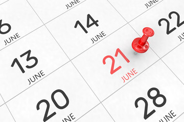 3d rendering of important days concept. June 21st. Day 21 of month. Red date written and pinned on a calendar. Summer month, day of the year. Remind you an important event or possibility.