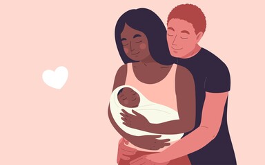 Portrait of family with African woman and Caucasia man, mother or mom and father, dad, embracing a newborn baby. Vector illustration concept mother's day, baby-shower, multiculturalism, multi-ethnic.