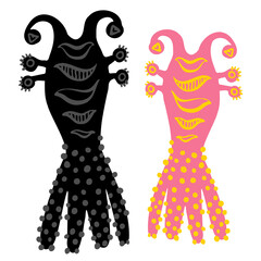 Isolated vector colorful and black and white design set of detailed silhouettes of aliens