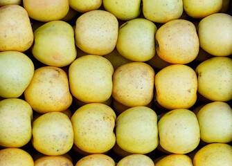 Harvest of yellow apples of the golden variety folded in order, close-up.