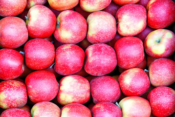 Harvest red apples, stacked in order, close-up.