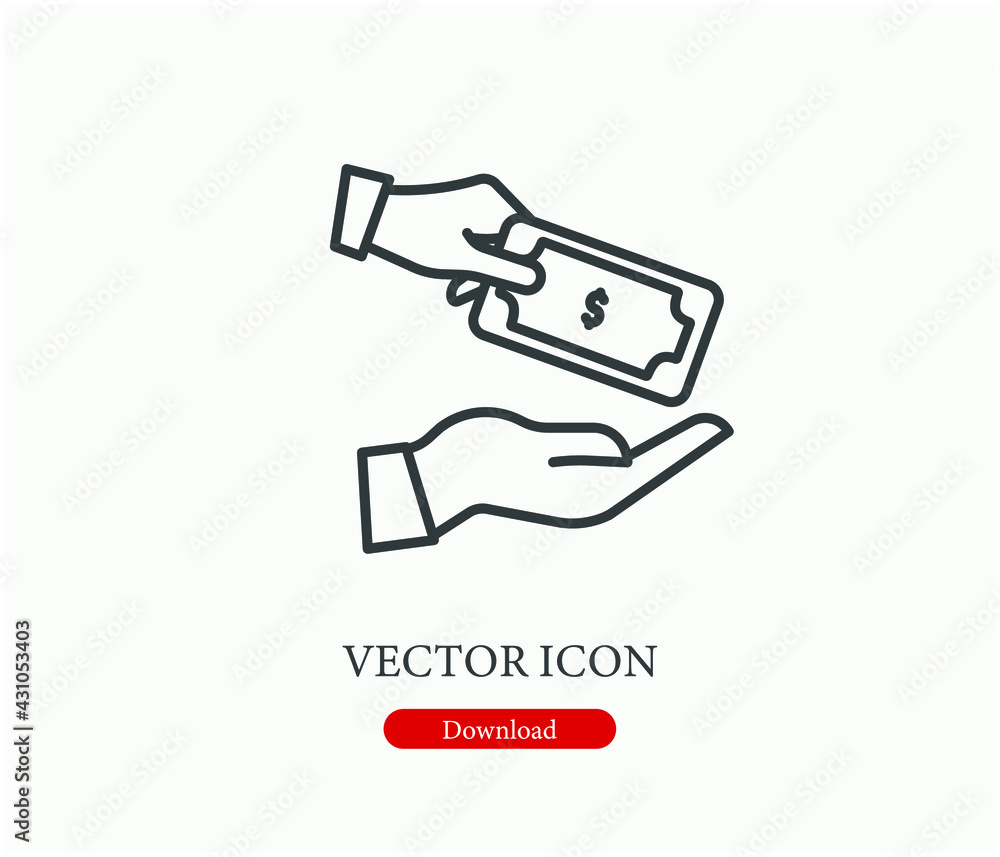 Poster hand holding dollar vector icon. editable stroke. linear style sign for use on web design and mobile
