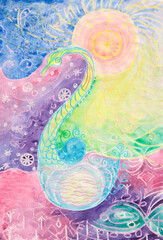 Magic swan, hand-drawn with watercolors and oil pastels on a rainbow background. The sun, runes, a magical image with the seasons. Suitable for textiles, covers, interior paintings, banners  