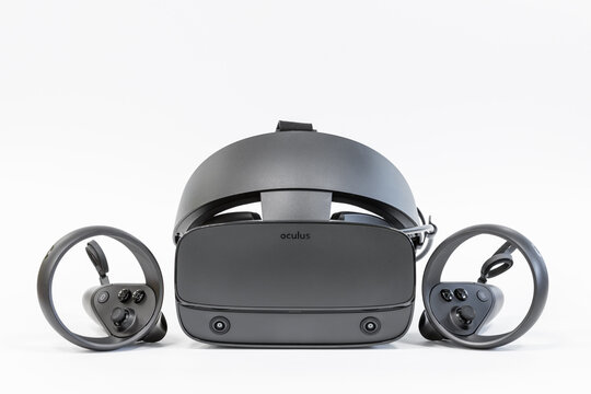 Khabarovsk, Russia - January 24, 2020: Oculus Rift S virtual reality headset with touch controllers. Device for virual reality games or entertainment.
