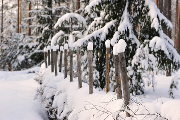 winter landscape-wooden fence after snowfall