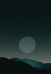 Vector image of a landscape at night. Moon and stars illuminating mountains, valleys, dunes, desert. Modern flat image. Design for cards, posters, backgrounds, textiles, templates.