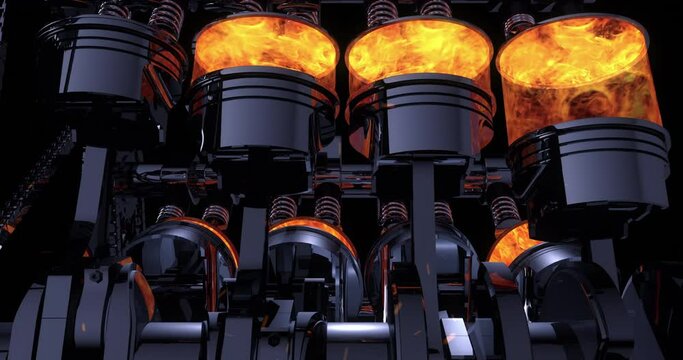 Powerful Working Car Engine. Big Hungry V8 Engine In Flames. Industry And Technology Related 4K 3D Animation.