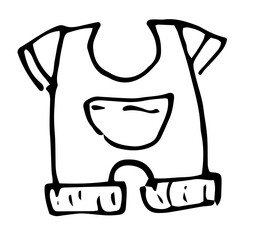 Vector isolated element of children's clothing children's pants with T-shirt with a pocket on the stomach and a seam texture, black outline on a white background, hand-drawn in the style of a doodle 