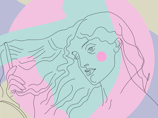 Young woman combs her long hair. Bright abstract poster in pastel colors. Sketch of a girl. Background green pink colors. Portrait lines. Fashion concept.