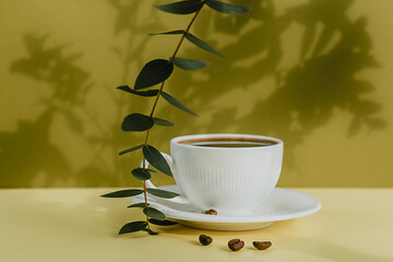 breakfast with a cup of black coffee on a colored background 