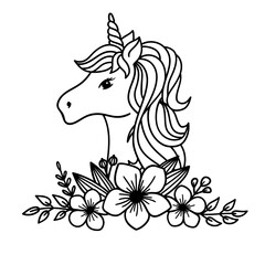 Unicorn. Unicorn Flower. Outline drawing. Line vector illustration.  Isolated on white background. Good for posters, t shirts, postcards.