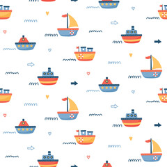 Seamless vector children pattern with cute cartoon transport vehicles: ship, boat, yacht