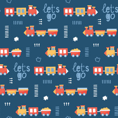 Seamless vector children pattern with cute cartoon transport vehicles: train, steam locomotive